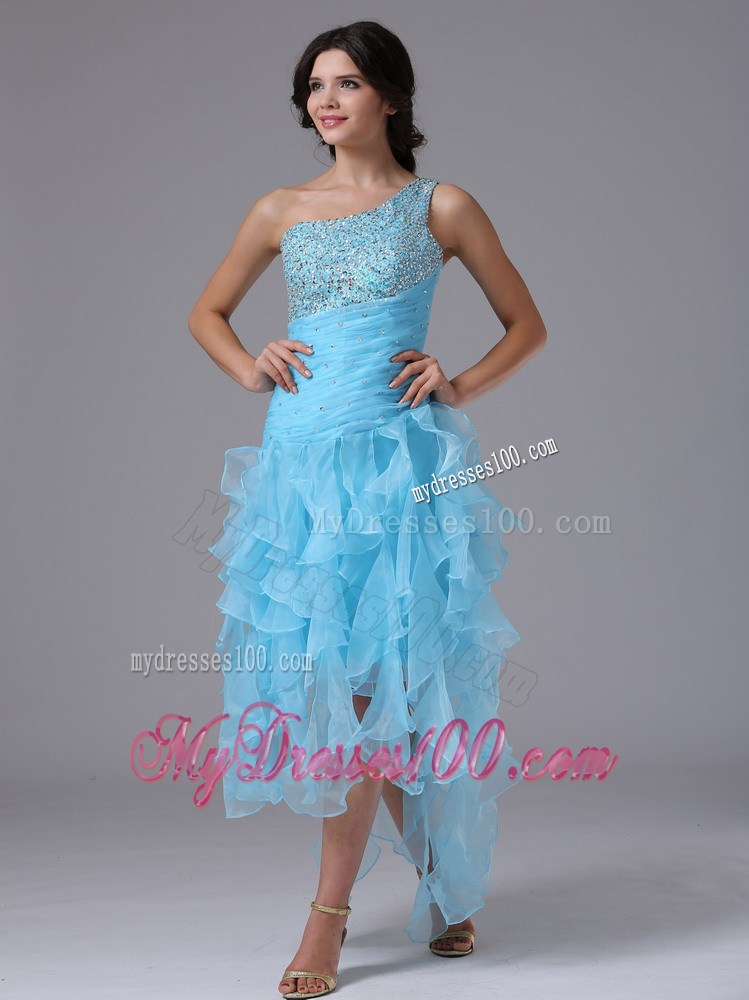 Beading and Vertical Ruffles Accent Aqua Blue High-low Prom Gown one Shoulder