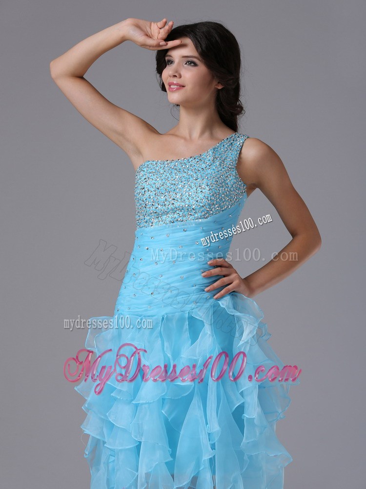 Beading and Vertical Ruffles Accent Aqua Blue High-low Prom Gown one Shoulder