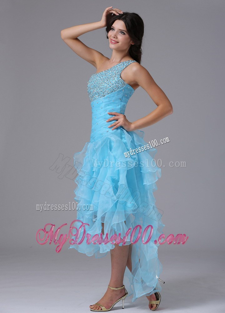 Beading and Vertical Ruffles Accent Aqua Blue High-low Prom Gown one Shoulder