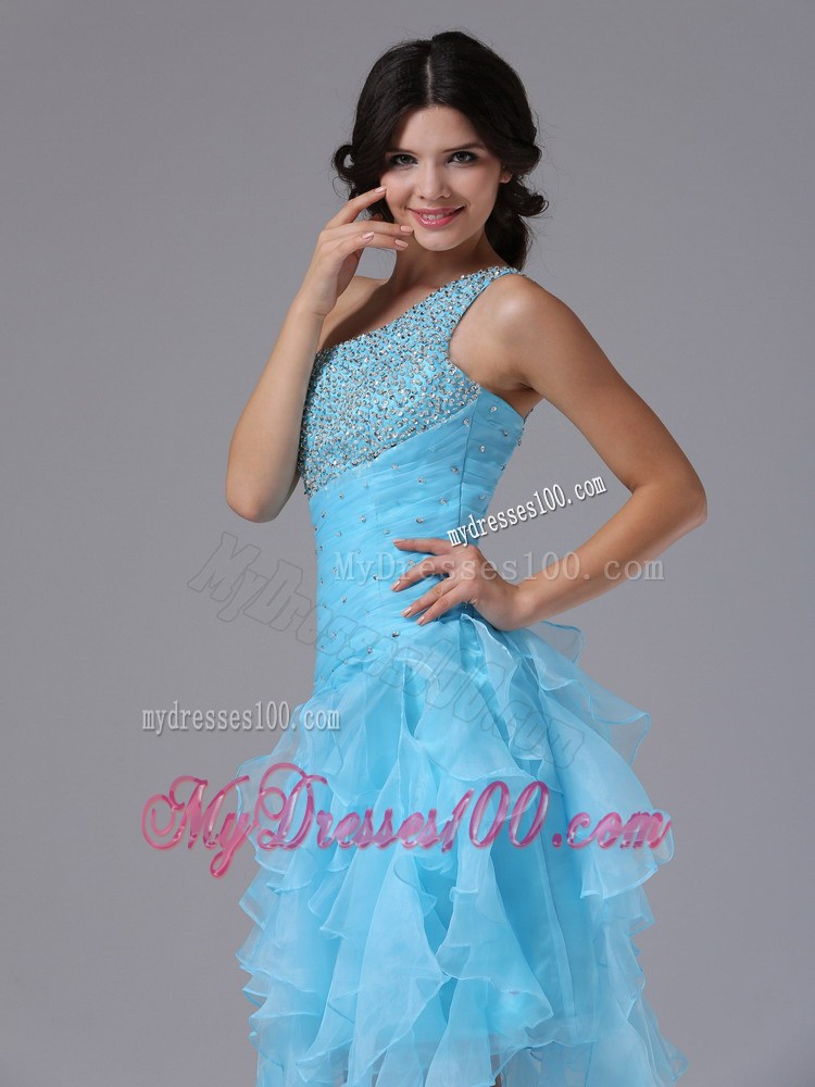 Beading and Vertical Ruffles Accent Aqua Blue High-low Prom Gown one Shoulder