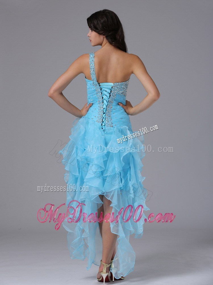 Beading and Vertical Ruffles Accent Aqua Blue High-low Prom Gown one Shoulder