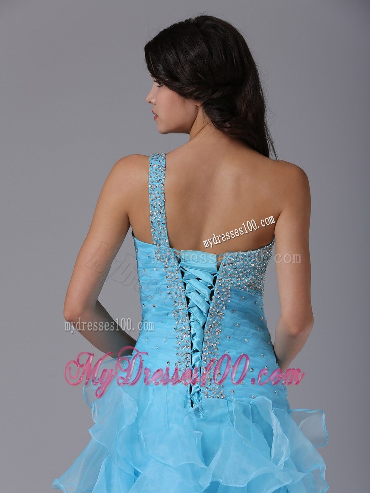 Beading and Vertical Ruffles Accent Aqua Blue High-low Prom Gown one Shoulder
