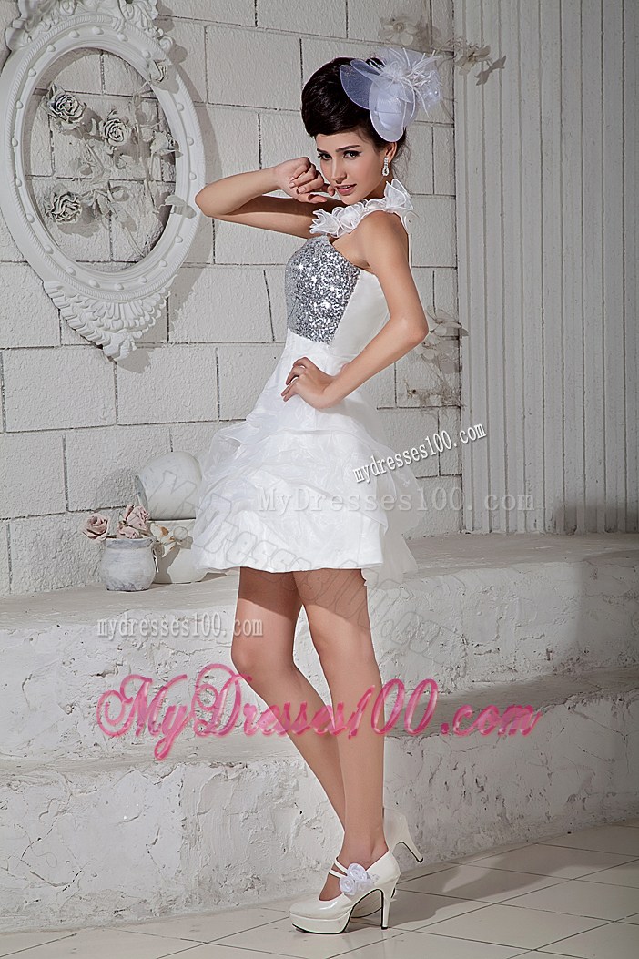 Flowers and Sequins Accent on White Mini-length Organza Prom Gown