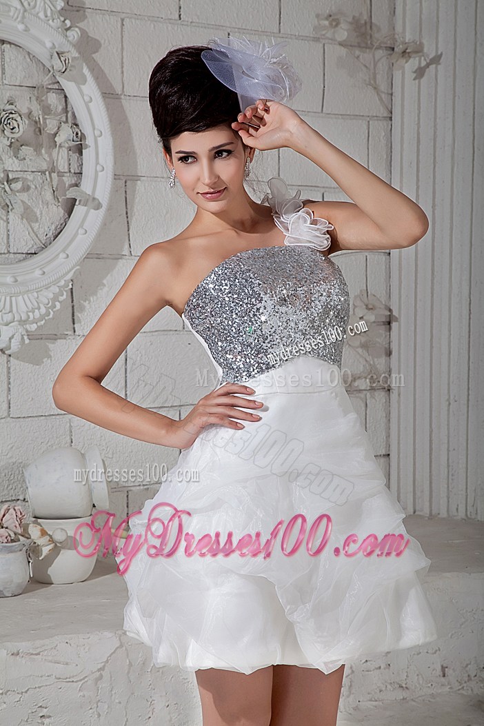 Flowers and Sequins Accent on White Mini-length Organza Prom Gown