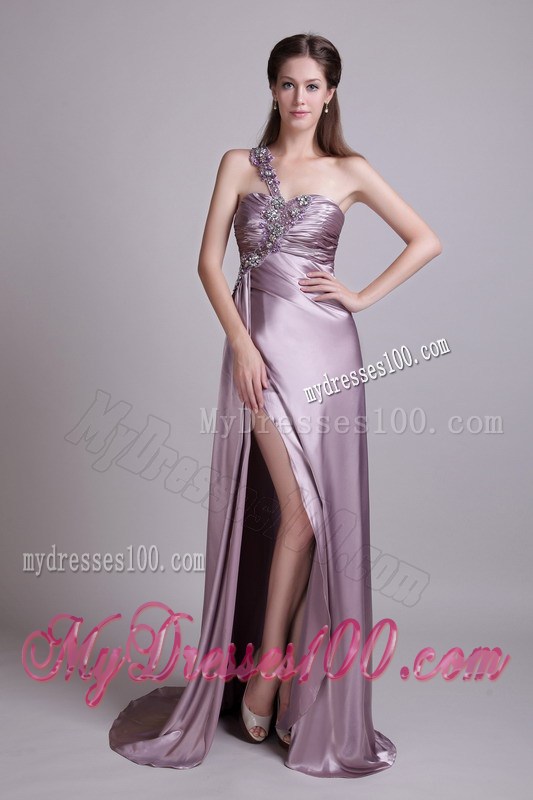 Beading Accent One Shoulder Lavender Gowns for Prom with High Slit