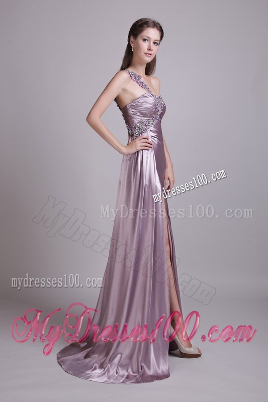 Beading Accent One Shoulder Lavender Gowns for Prom with High Slit