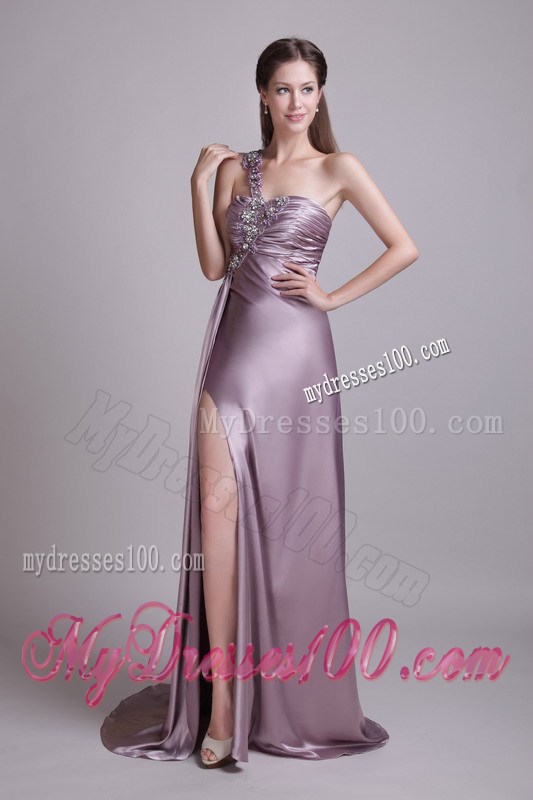 Beading Accent One Shoulder Lavender Gowns for Prom with High Slit