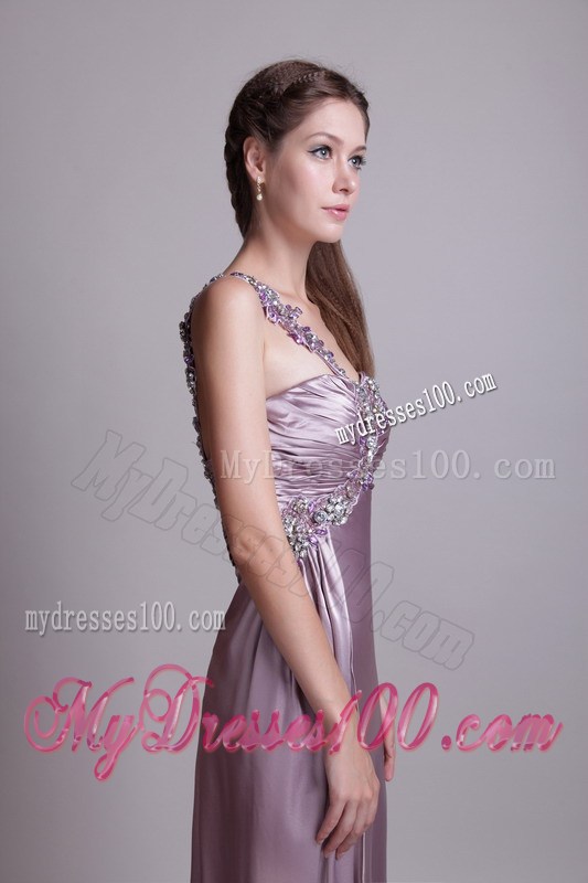 Beading Accent One Shoulder Lavender Gowns for Prom with High Slit