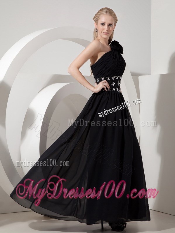 Flowery Single Shoulder Floor-length Chiffon Prom Dress with Rhinestone