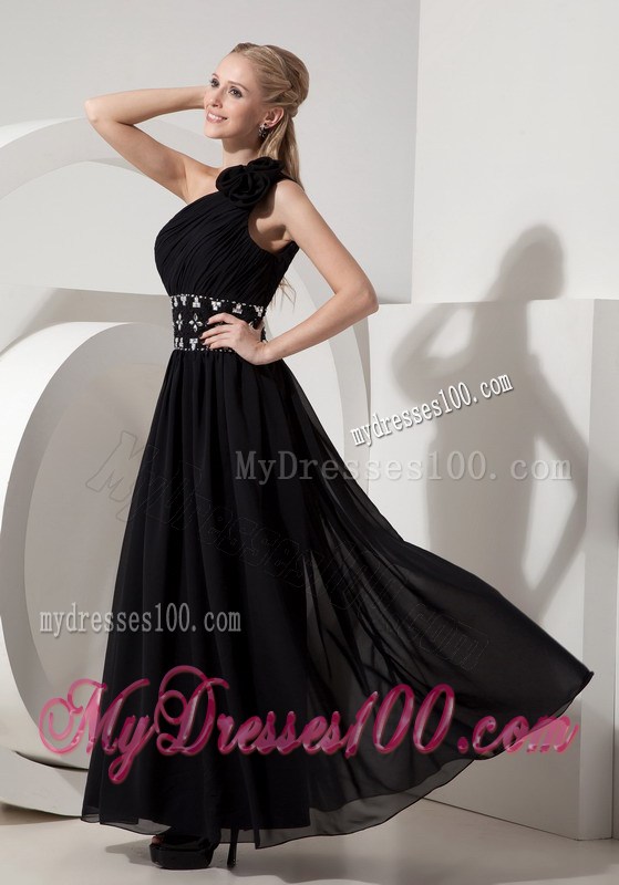 Flowery Single Shoulder Floor-length Chiffon Prom Dress with Rhinestone