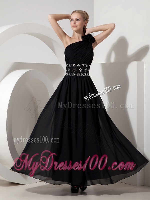 Flowery Single Shoulder Floor-length Chiffon Prom Dress with Rhinestone