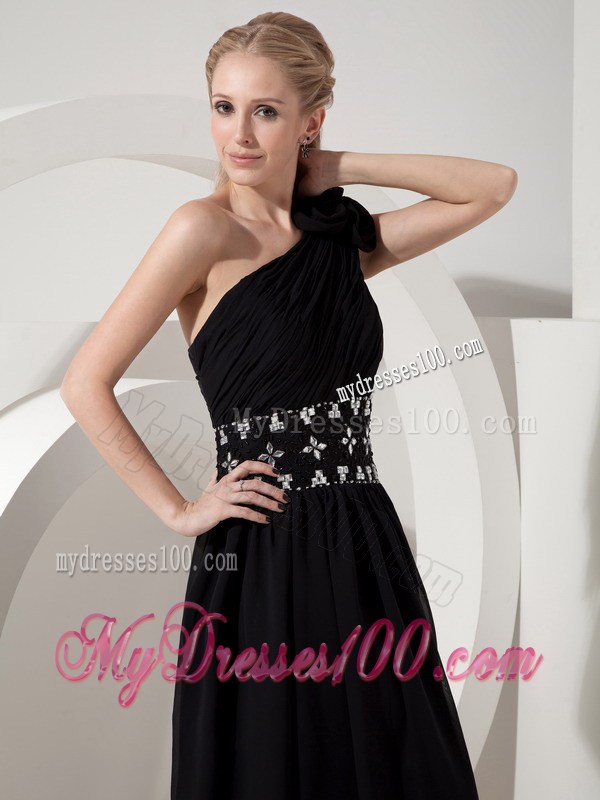 Flowery Single Shoulder Floor-length Chiffon Prom Dress with Rhinestone