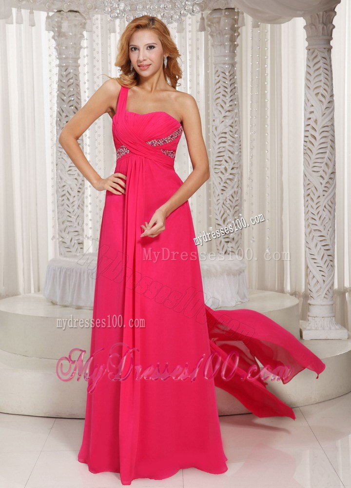 One Shoulder Ruched Bodice Customize Prom Dress With Beading Chiffon Watteau Train