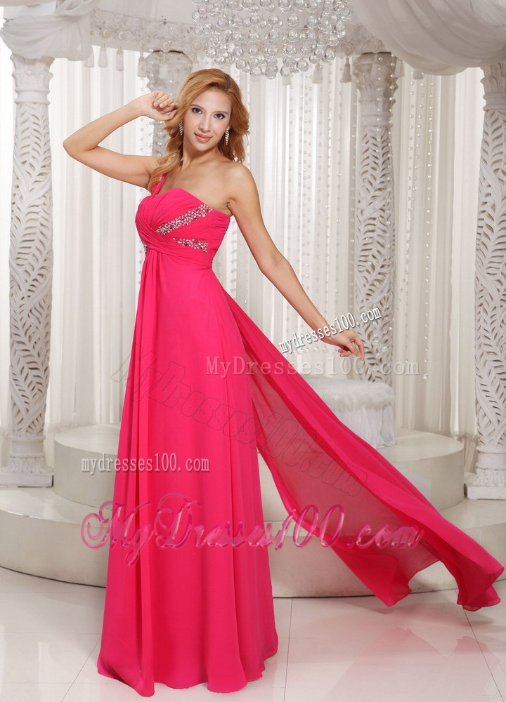 Single Shoulder Beaded and Ruched Hot Pink Chiffon Prom Dress with Watteau Train