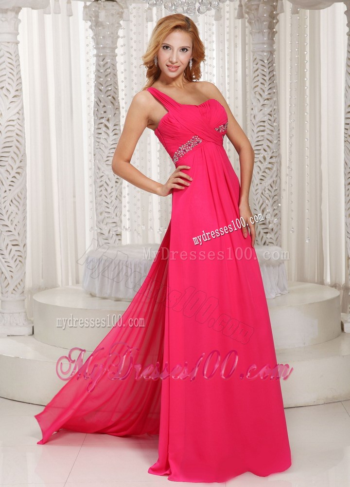 Single Shoulder Beaded and Ruched Hot Pink Chiffon Prom Dress with Watteau Train