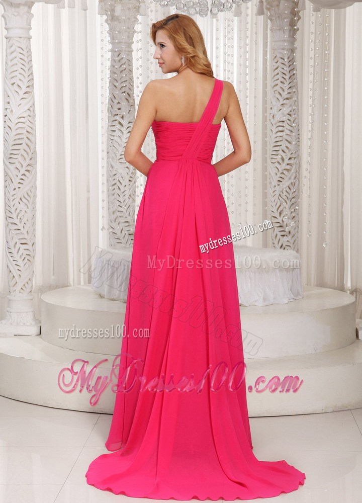 One Shoulder Ruched Bodice Customize Prom Dress With Beading Chiffon Watteau Train