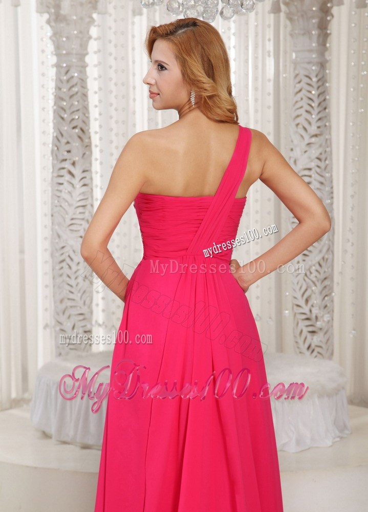 One Shoulder Ruched Bodice Customize Prom Dress With Beading Chiffon Watteau Train