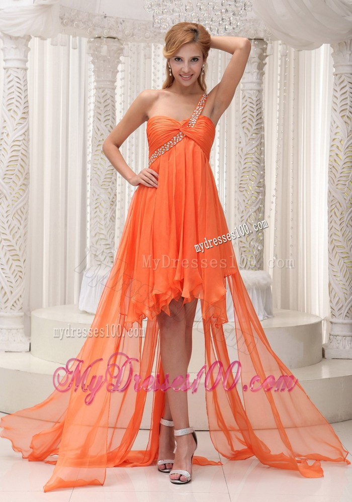 Orange Front Short Back Long Prom Gowns with Beading and Flouncing Layers