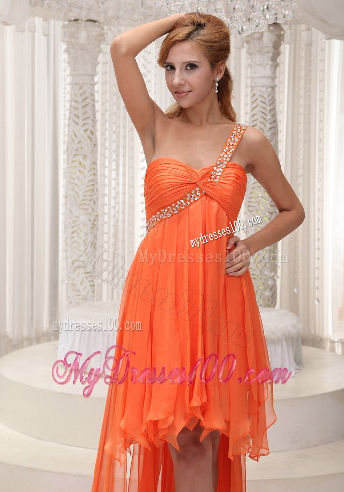 Orange Front Short Back Long Prom Gowns with Beading and Flouncing Layers