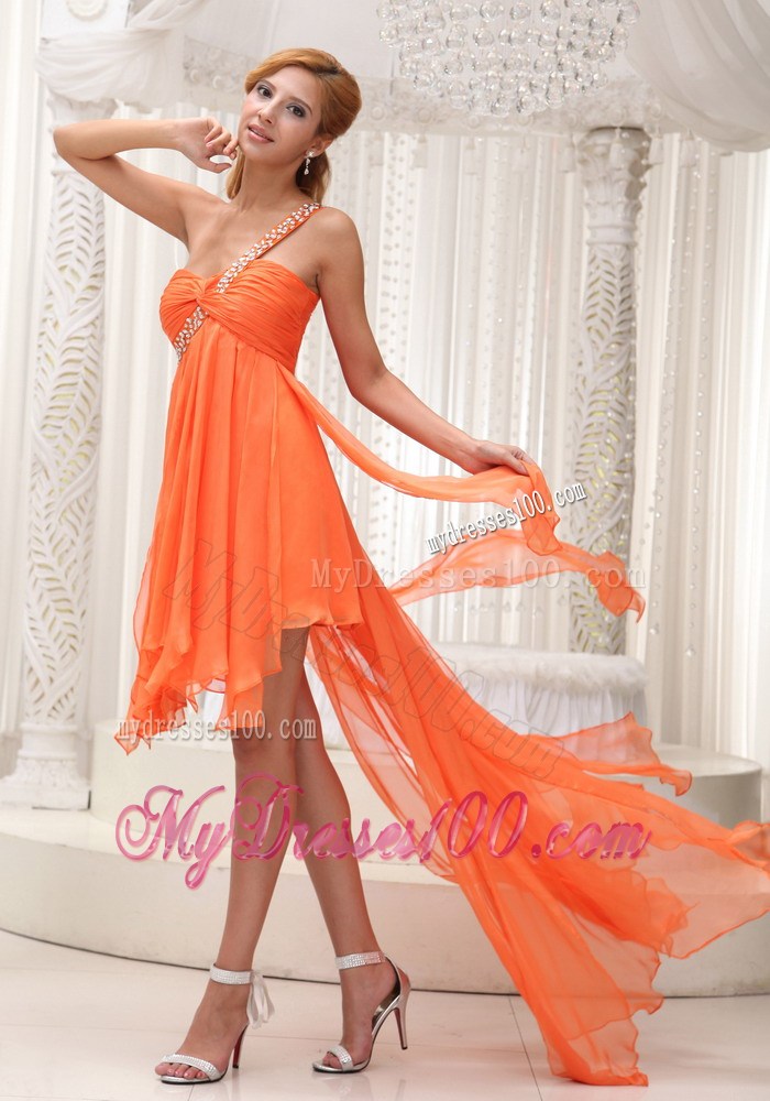 Orange Front Short Back Long Prom Gowns with Beading and Flouncing Layers