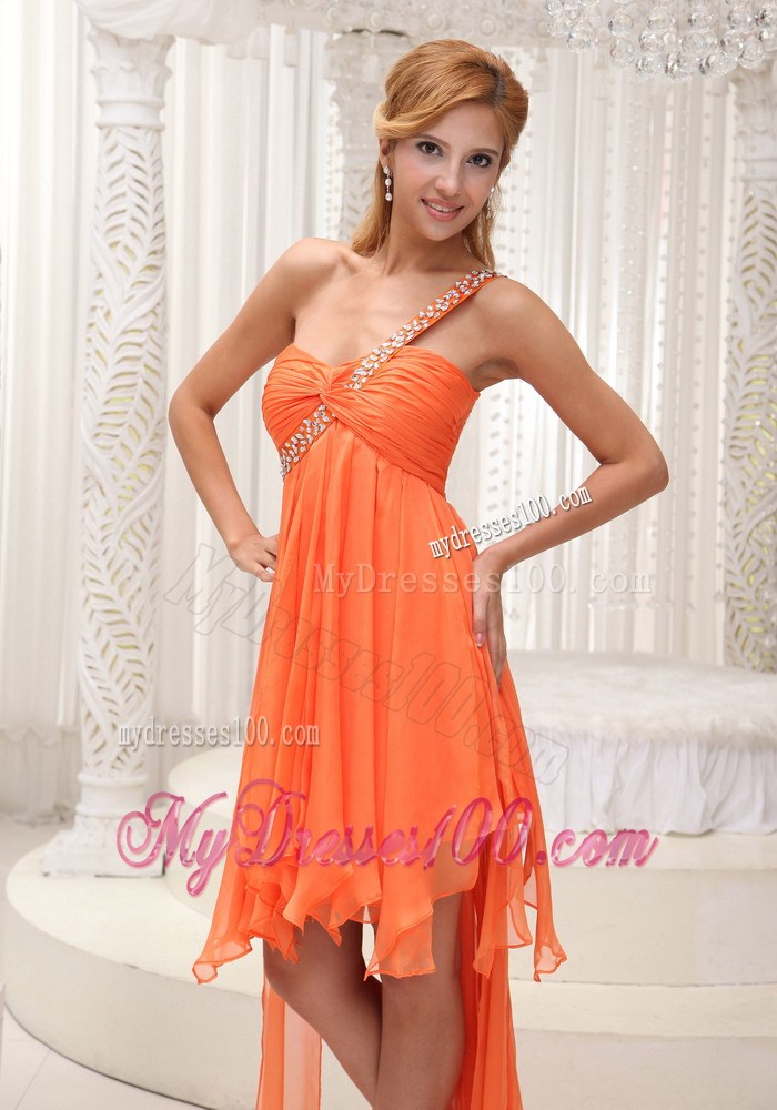 Orange Front Short Back Long Prom Gowns with Beading and Flouncing Layers