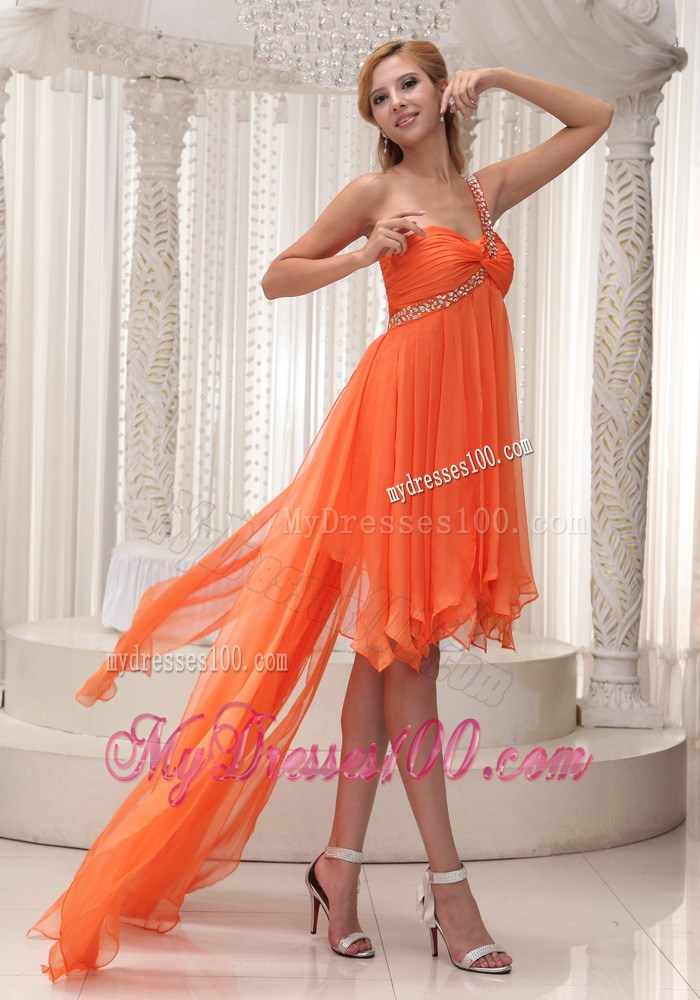 Orange Front Short Back Long Prom Gowns with Beading and Flouncing Layers