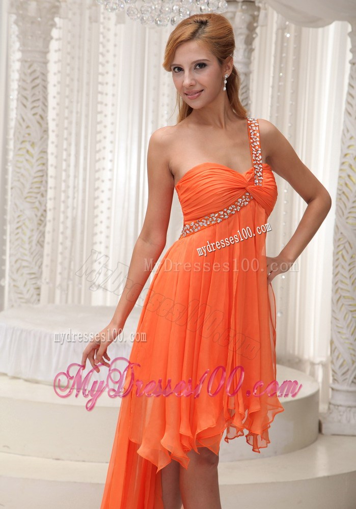 Orange Front Short Back Long Prom Gowns with Beading and Flouncing Layers