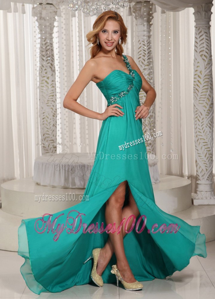 Brush Train Turquoise Chiffon Dresses for Prom of one Shoulder and High Slit