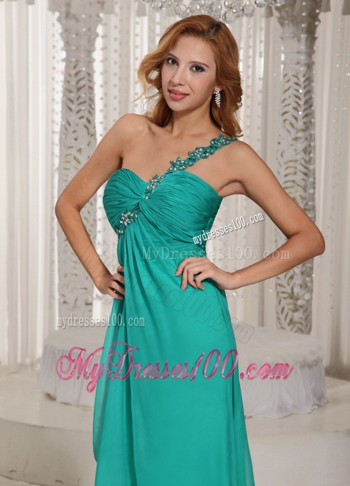 Brush Train Turquoise Chiffon Dresses for Prom of one Shoulder and High Slit