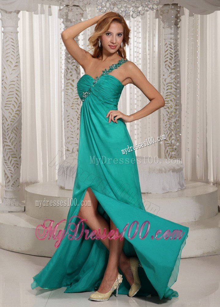 Turquoise One Shoulder High Slit Ruched Prom Graduation Dress With Beading In New York