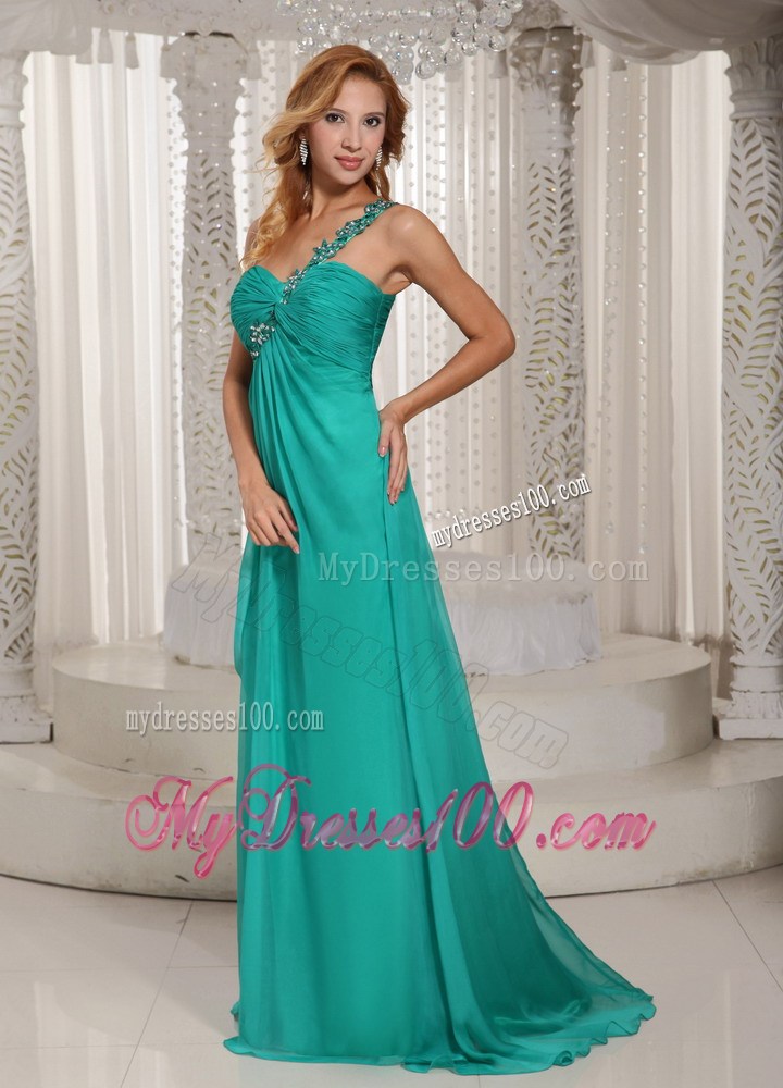 Turquoise One Shoulder High Slit Ruched Prom Graduation Dress With Beading In New York