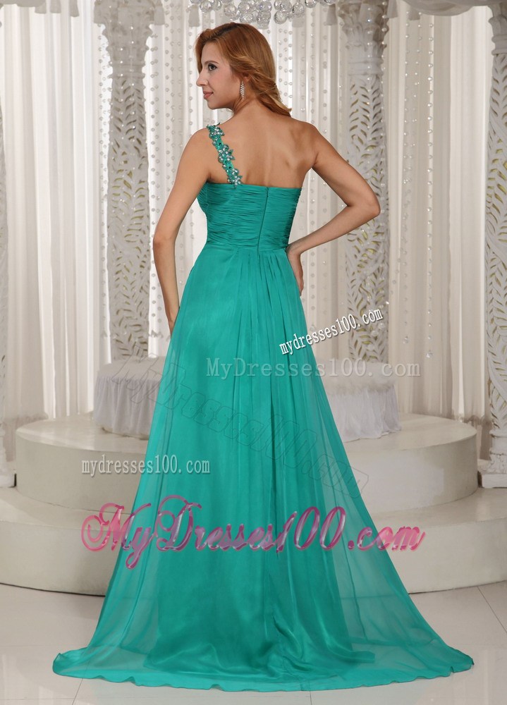 Turquoise One Shoulder High Slit Ruched Prom Graduation Dress With Beading In New York
