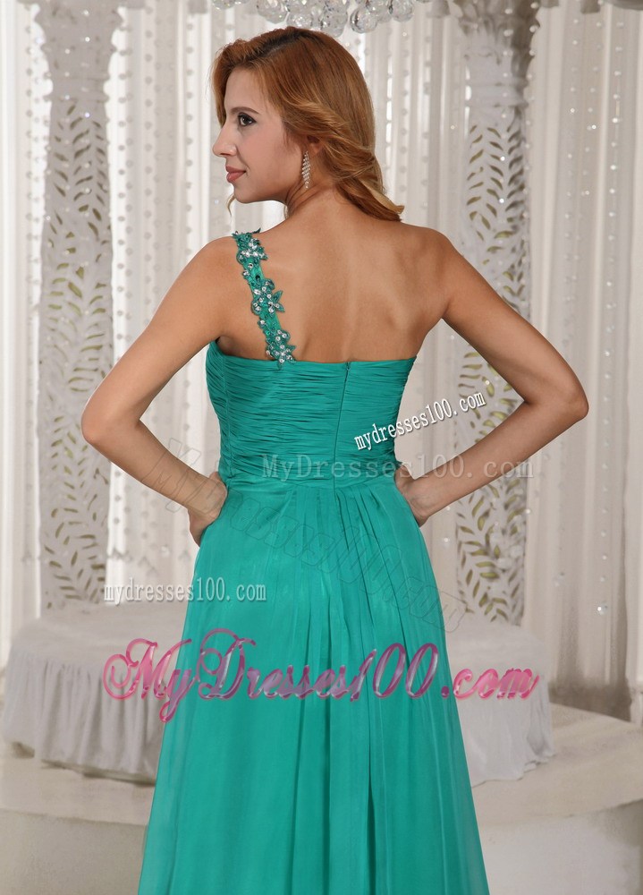 Turquoise One Shoulder High Slit Ruched Prom Graduation Dress With Beading In New York