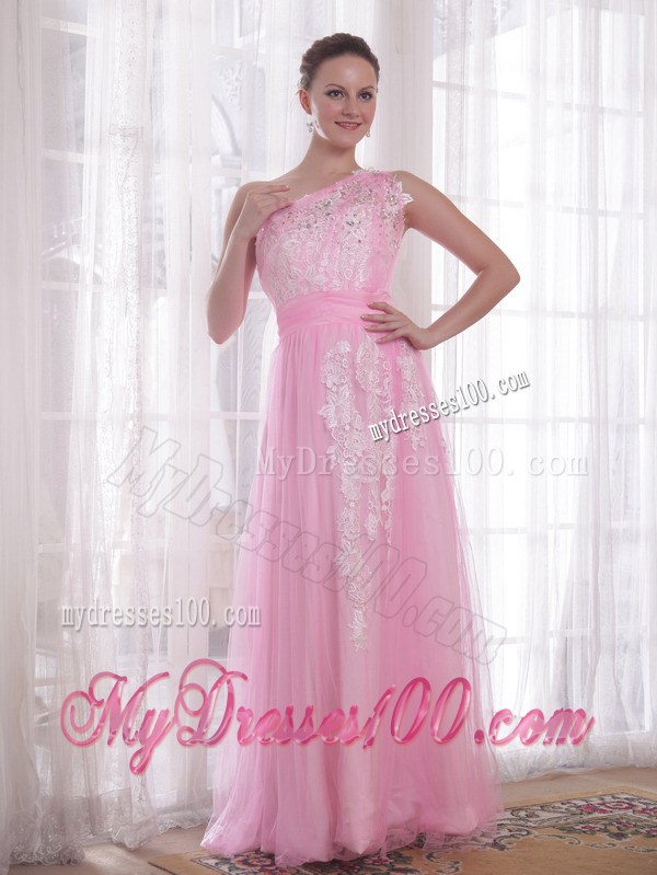 Single Shoulder Floor-length Baby Pink Prom Dress with Appliques and Beading