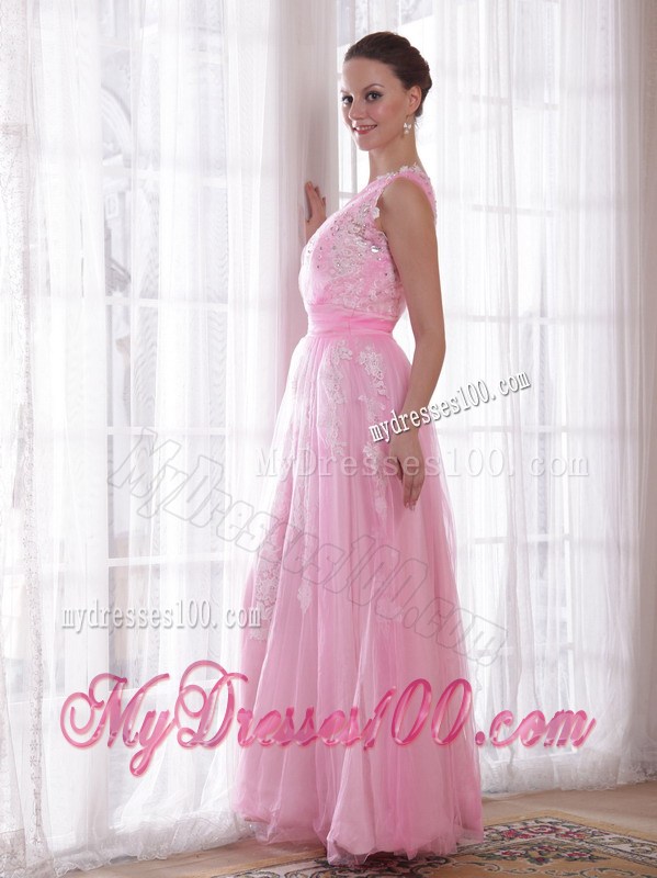 Single Shoulder Floor-length Baby Pink Prom Dress with Appliques and Beading