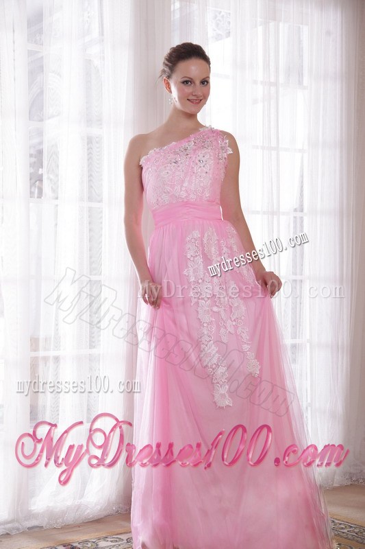 Single Shoulder Floor-length Baby Pink Prom Dress with Appliques and Beading