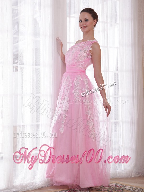 Single Shoulder Floor-length Baby Pink Prom Dress with Appliques and Beading
