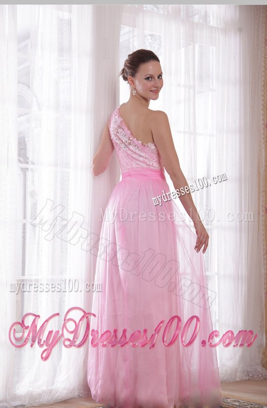 Single Shoulder Floor-length Baby Pink Prom Dress with Appliques and Beading