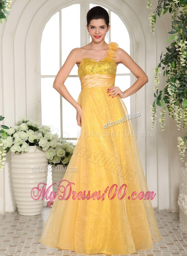 Flowery one Shoulder Empire Yellow Organza Dresses for Prom with Sequins