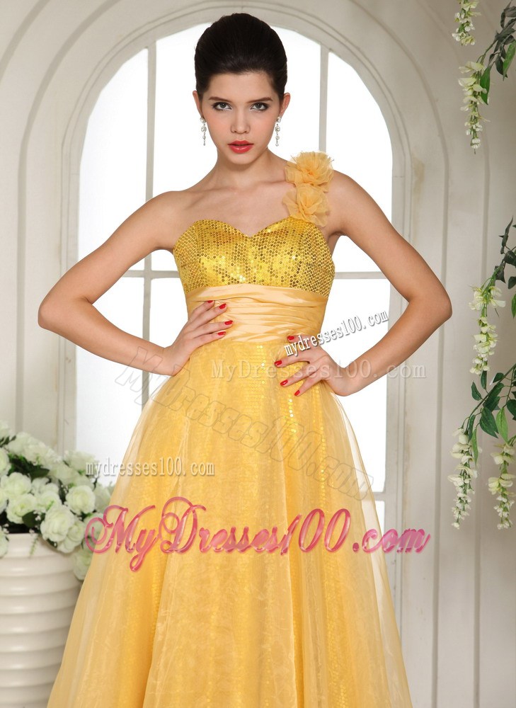 Flowery one Shoulder Empire Yellow Organza Dresses for Prom with Sequins