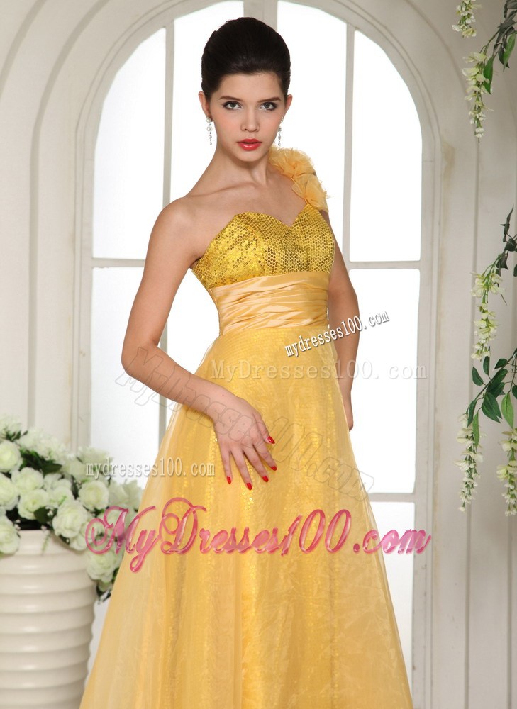 Flowery one Shoulder Empire Yellow Organza Dresses for Prom with Sequins