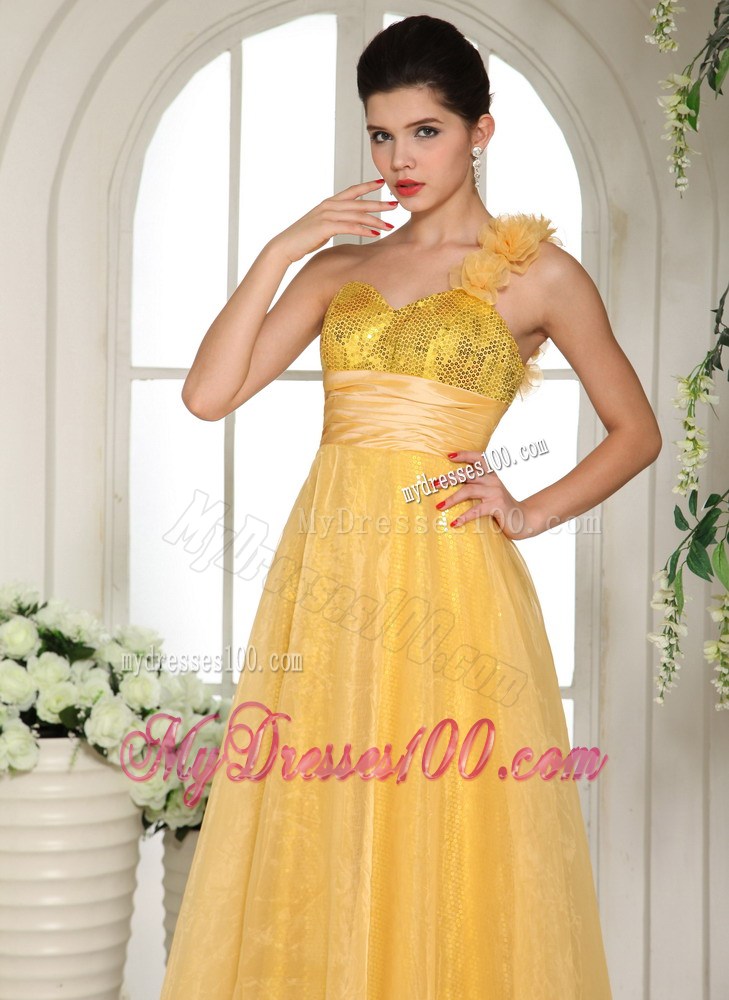 Flowery one Shoulder Empire Yellow Organza Dresses for Prom with Sequins