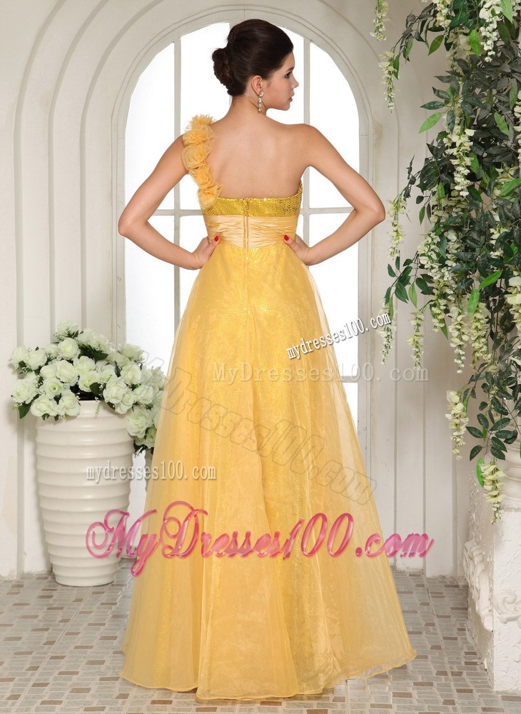 Flowery one Shoulder Empire Yellow Organza Dresses for Prom with Sequins