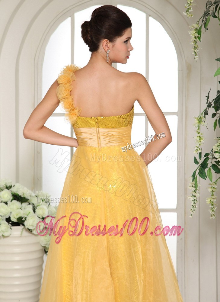 Flowery one Shoulder Empire Yellow Organza Dresses for Prom with Sequins