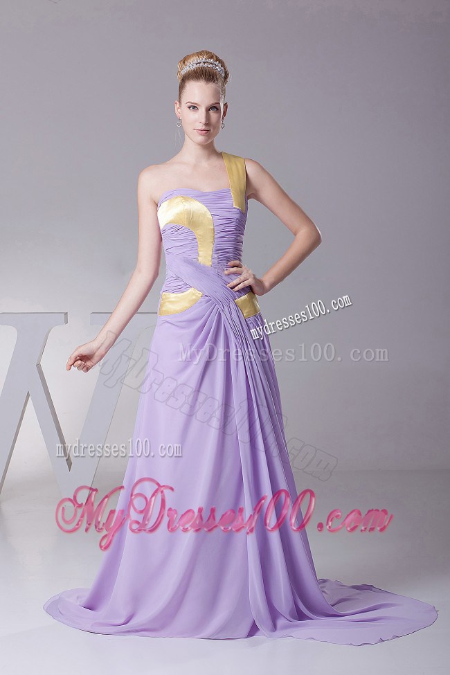 Ruched Lilac and Gold Chiffon Brush Train Prom Dress of Latest Style