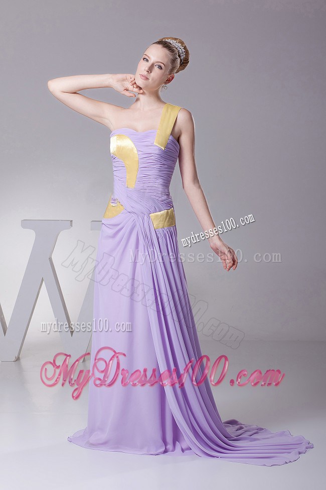 Ruched Lilac and Gold Chiffon Brush Train Prom Dress of Latest Style