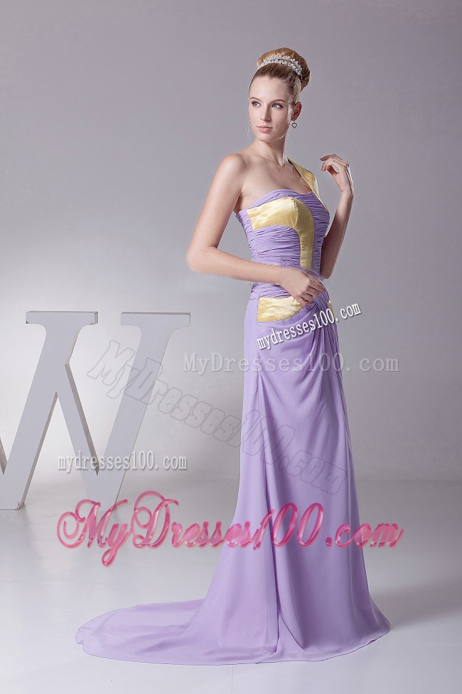 Ruched Lilac and Gold Chiffon Brush Train Prom Dress of Latest Style