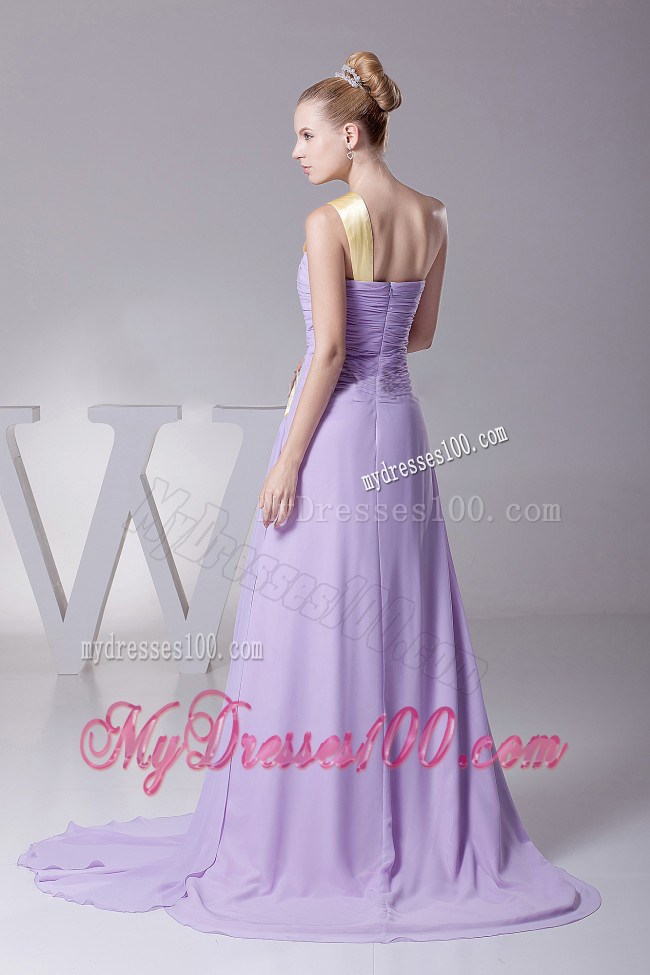 Ruched Lilac and Gold Chiffon Brush Train Prom Dress of Latest Style