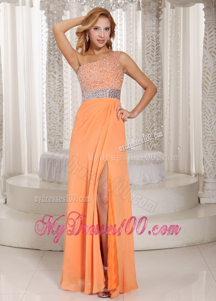 one Shoulder and High Slit Orange Stylish Chiffon Prom Dress with Beading