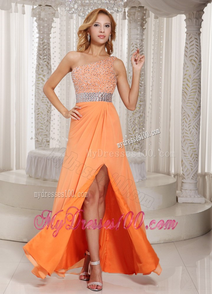 one Shoulder and High Slit Orange Stylish Chiffon Prom Dress with Beading